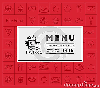 Favorite Food Delivery Abstract Vector Logo And Menu Cover with Line Style Icon Pattern. Vector Illustration