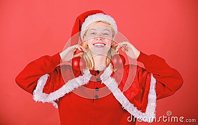 Favorite time year christmas. Lets decorate christmas tree. Enjoy celebration with costume and decor. Girl happy wear Stock Photo