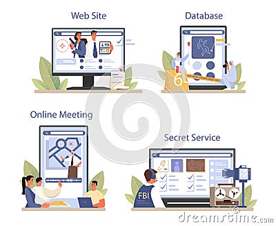 FBI agent online service or platform set. Police officer investigating crime. Vector Illustration