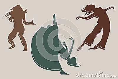 Three silhouettes of abstract characters in various dance poses. Vector Illustration