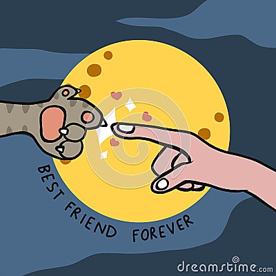 Cat paw and human finger in front of full moon cartoon, Best friend forever illustration Vector Illustration