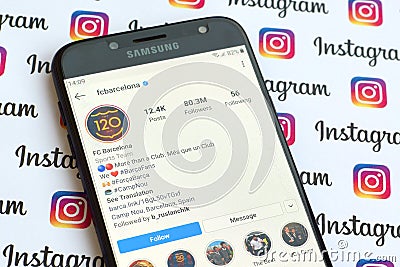 FC Barcelona official instagram account on smartphone screen on paper instagram banner Editorial Stock Photo