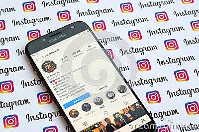 FC Barcelona official instagram account on smartphone screen on paper instagram banner Editorial Stock Photo