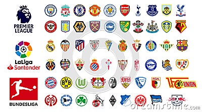 FC England, Spain, Germany. English Premier League. Laliga santander. Bundesliga. Leicester City, Liverpool, Chelsea, Barcelona, Vector Illustration