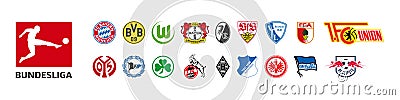 FC of Germany, Bundesliga. Bayern Munich, Borussia Dortmund, Wolfsburg, Bayer, Freiburg, Stuttgart, Bochum, Augsburg, Mainz, Vector Illustration