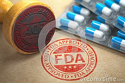 FDA approved concept. Rubber stamp with FDA and pills on craft paper Cartoon Illustration