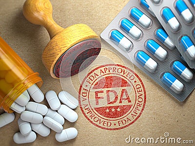 FDA approved concept. Rubber stamp with FDA and pills on craft paper Cartoon Illustration