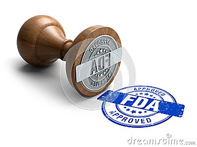 FDA Approved stamp. Wooden round stamper and stamp with text FDA Approved on white background. 3d illustration. rubber stamp. Cartoon Illustration