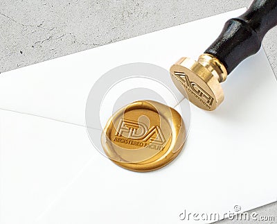 FDA Registered Facility Golden wax seal. Editorial Stock Photo