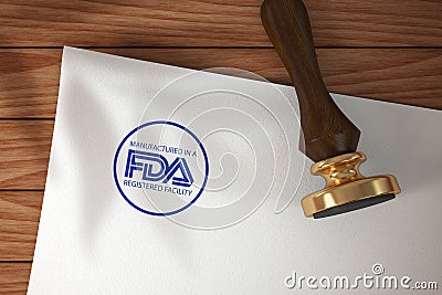 FDA Registered Facility stamp on white paper seal. Editorial Stock Photo