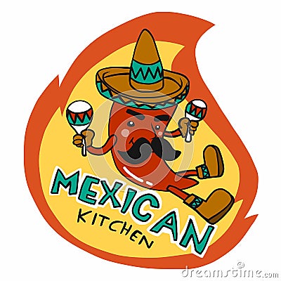 Mexican kitchen logo, chili wear hat cartoon illustration Vector Illustration