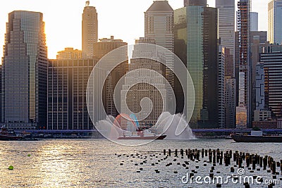 FDNY boat sprays red, white, and blue water ahead of Macy`s 4th of July Fireworks Editorial Stock Photo