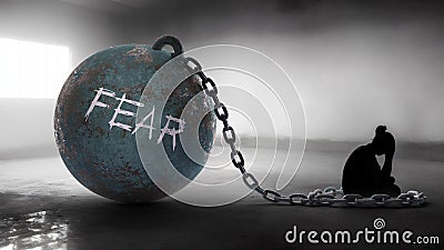 Fear against a woman. Trapped in a hate prison, chained to a burden of Fear. Alone in pain and suffering Stock Photo