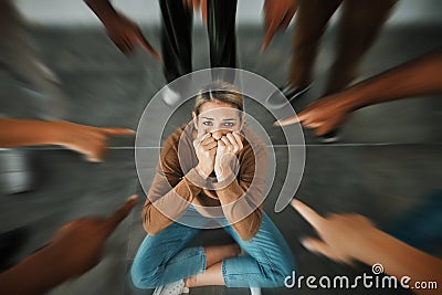 Fear, bullying and hands pointing at girl scared, sad and crying for help from stress, depression and group circle Stock Photo