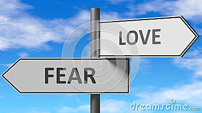 Fear and love as a choice - pictured as words Fear, love on road signs to show that when a person makes decision he can choose Cartoon Illustration