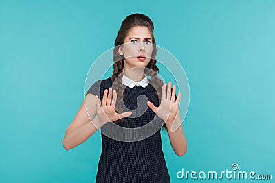 Fear or nightmare concept. Shocked beautiful woman looking at ca Stock Photo