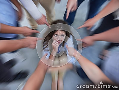 Fear, pointing blame and woman guilt with social anxiety and worker with teasing and failure. Above, female person and Stock Photo