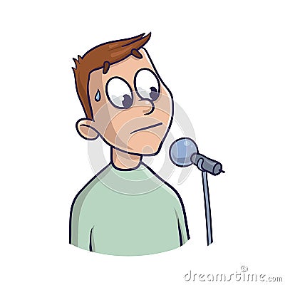 Fear of public speaking, glossophobia. Excitement and loss of voice. Man with microphone. Vector illustration, isolated Vector Illustration