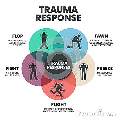Fear Responses Model infographic presentation template. 5F Trauma Response such as fight, fawn, flight, flop and freeze. Vector Illustration
