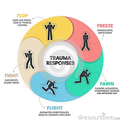 Fear Responses Model infographic presentation template with icons is a 5F Trauma Response such as fight, fawn, flight, flop and Vector Illustration