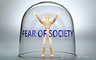 Fear of society can separate a person from the world and lock in an isolation that limits - pictured as a human figure locked Cartoon Illustration