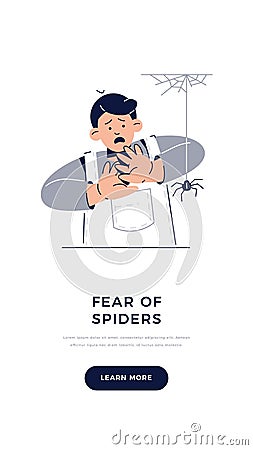 Fear of Spiders, Arachnophobia banner. Scared Child Character is afraid of spider. Phobias, Childhood Irrational Fears Vector Illustration