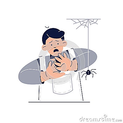 Fear of Spiders, Arachnophobia concept. Scared Kid Character is afraid of spider. Phobias, Childhood Irrational Fears Vector Illustration