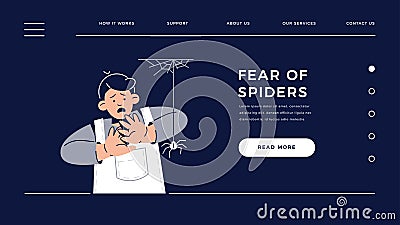 Fear of Spiders, Arachnophobia web template. Scared Child Character is afraid of spider. Phobia, Childhood Irrational Vector Illustration