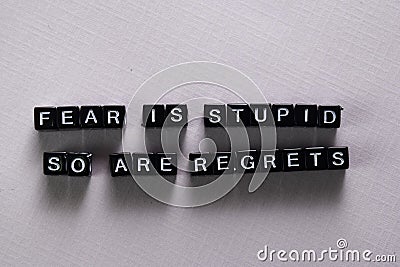 Fear is stupid so are regrets on wooden blocks. Motivation and inspiration concept Stock Photo
