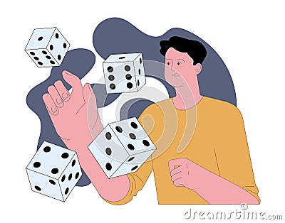 Fear of unpredictability. Apprehensive scared man throwing dice, signifying Vector Illustration