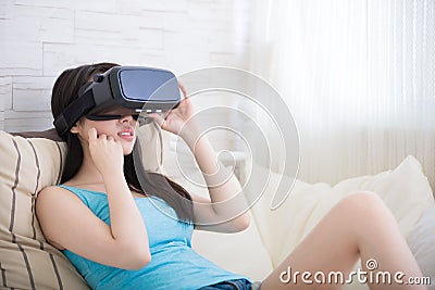 Fear woman watching virtual reality Stock Photo