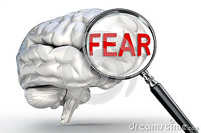 Fear word on magnifying glass and human brain Stock Photo