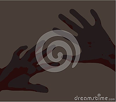 Feared raised hands for protection Illustration of pain clean vector dark grey hands over lighter brownish gray background Vector Illustration