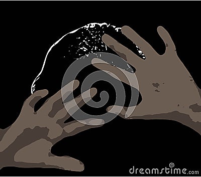 Feared raised hands for protection Illustration of pain clean vector dark grey hands over lighter brownish gray background Vector Illustration