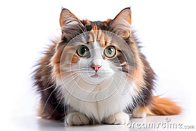 Fearful Calico Cat Portrait Studio Capture of a Crouching Defensive Feline Stock Photo