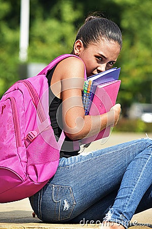 Fearful Cute Female Student Wearing Backpack Stock Photo