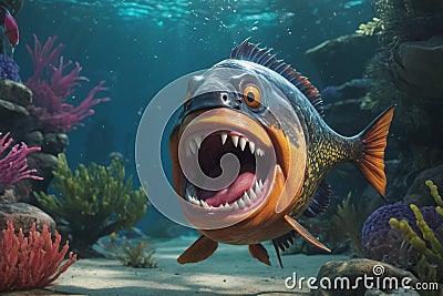 Fearful piranha with teeth and open mouth in water Stock Photo