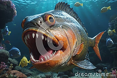 Fearful piranha with teeth and open mouth in water Stock Photo