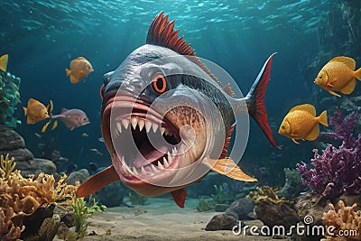 Fearful piranha with teeth and open mouth in water Stock Photo