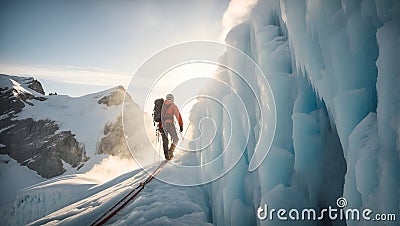 A fearless climber navigating a treacherous ice wall, their ice axes glinting in the sunlight Stock Photo