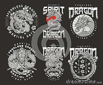 Fearless fighting dragon set sticker Vector Illustration