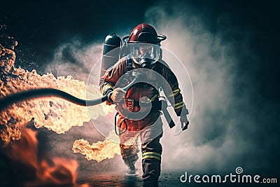 A fearless firefighter battles against a fierce blaze, risking everything to protect the lives and homes of others Stock Photo