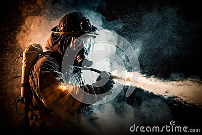 A fearless firefighter battles against a fierce blaze, risking everything to protect the lives and homes of others Stock Photo