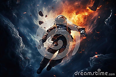 A fearless man in a space suit flies gracefully through the air, defying gravity and exploring the unknown, Portrait of astronaut Stock Photo
