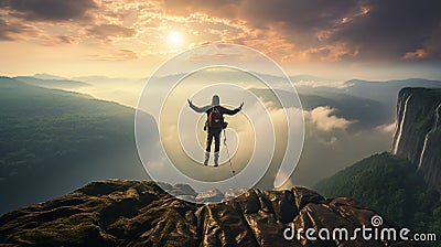 Fearless Mountain Man Takes the Plunge from Cliff's Edge Stock Photo