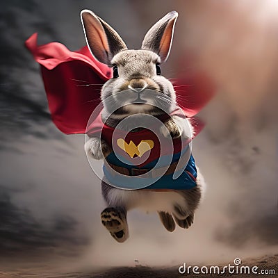 A fearless rabbit wearing a superhero costume, leaping through the air to save the day2 Stock Photo