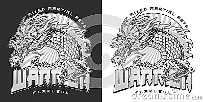 Fearless warrior dragon monochrome sticker Vector Illustration