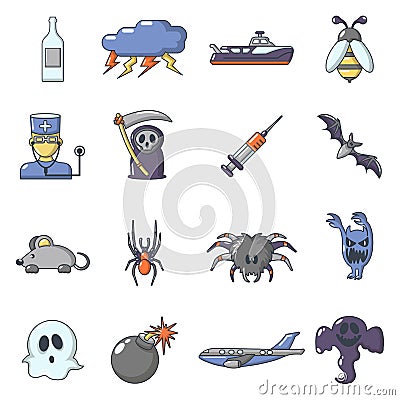 Fears phobias icons set, cartoon style Vector Illustration