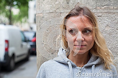 Fears, scared woman on the street Stock Photo