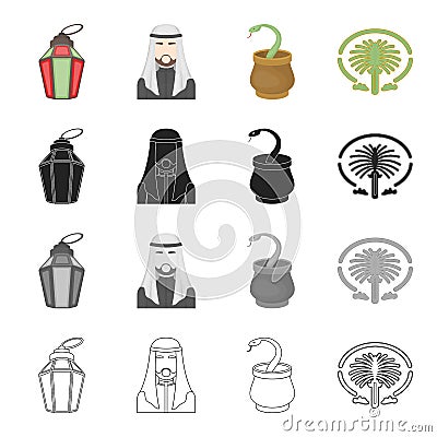 Feast of Ramadan, the Arab sheik, the snake in the basket, the island Palm Jumeirah.United Arab Emirates set collection Vector Illustration